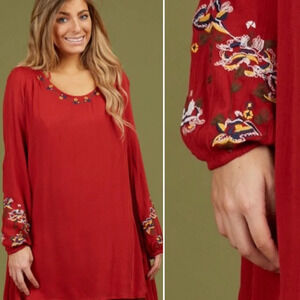 Altar'd State Red Long Sleeve Unicoi Embroidered Boho Mini Dress Large